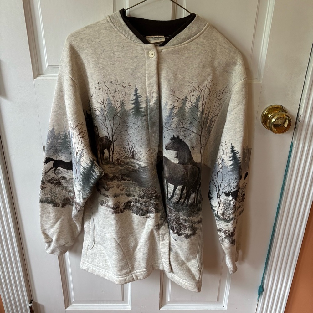 Vintage Horse Print Button-Up Sweatshirt